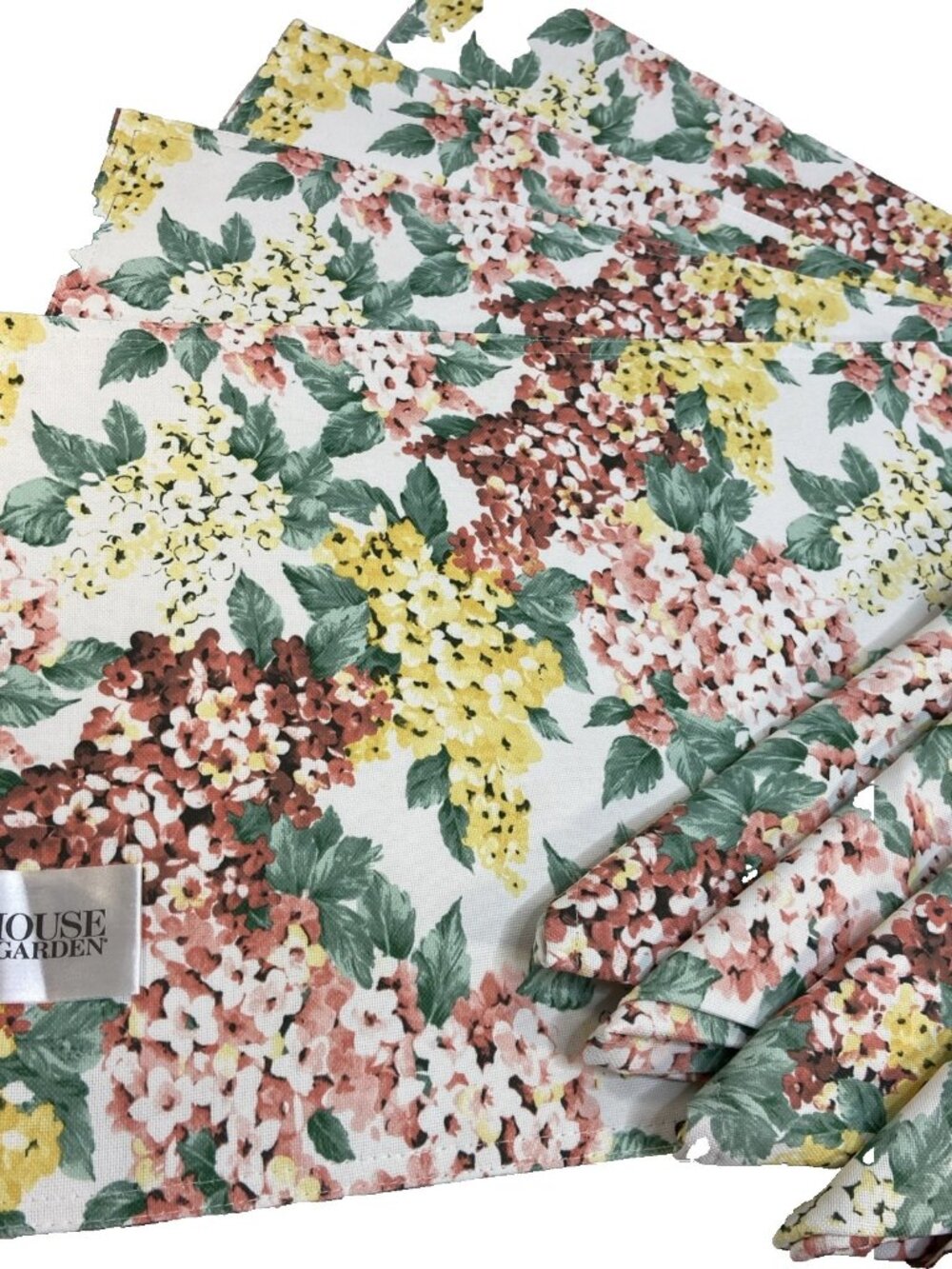 House & Garden 4 Placemat Set & 6 Napkins Hydrangeas Pink Yellow Spring Summer